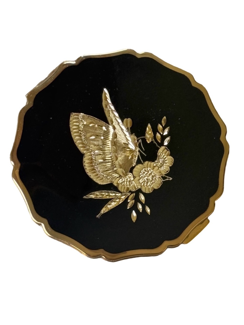 Vintage Mid Century Stratton Black Enamel Gold Gilt Butterfly Floral Compact